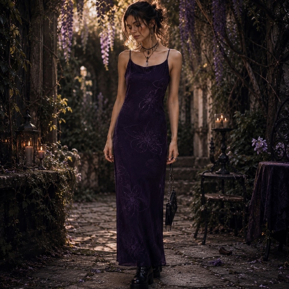 VTG Y2K City Triangles Slip Maxi Dress S Purple Floral Glitter Fairy Whimsigoth - Picture 1 of 9